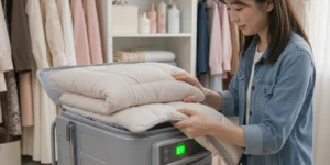 스타일러 아이 패딩 워킹맘, 깔끔한 아파트 드레스룸 배경, 살균 완료 표시등이 켜진다