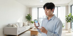 애플 홈킷 입문 아파트 거실에서 아이폰을 들고 스마트 전구를 홈킷으로 설정 중인 20대 남성이 설정한다