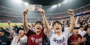 야구장 티켓 예매 경기장 조명 아래 열광하는 관중들과 티켓을 높이 들고 환호하는 20대 팬들이다