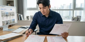 역전세 대비 보증금 확인을 계약서를 다시 검토하는 남성 세입자가 책상에서 전세 증빙 서류 확인 중입니다.