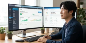 워드프레스 SEO 최적화 듀얼 모니터에 워드프레스 관리자 화면과 구글 서치 콘솔 SEO 분석 대시보드를 띄워놓고 최적화 작업 중인 30대 블로거이다