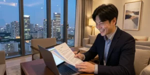 월세 계약 특약사항 거실에서 노트북으로 임대차 계약서를 검토하며 밝게 웃는 30대 남성이다