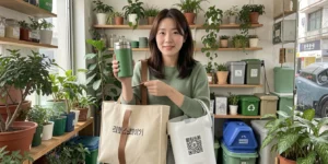 제로웨이스트 생활 장바구니와 텀블러를 들고 서울 성수동 리필스테이션 앞에서 스마트폰으로 QR코드를 찍는 30대 여성이다