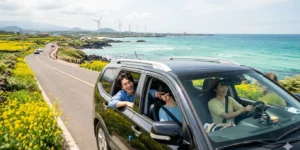 제주도 렌터카 예약 제주도 해안 도로에서 SUV 렌터카를 운전하며 창밖으로 에메랄드빛 바다를 바라본다