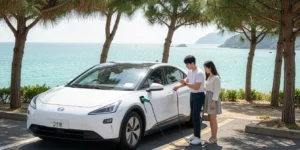 제주도 전기차 렌터카 제주 협재 해수욕장 야자수 사이 주차장에서 흰색 아이오닉5에 충전 케이블 연결하는 30대 커플이다