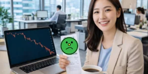 주식 하락장 반토막 상황에서 맥북으로 코스피 차트를 보면서 회사 사무실에서 여성 직원이 책상 위에 커피 한장과 환급금 영수증을 확인하는 모습입니다.
