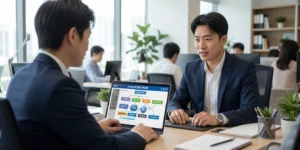 중소기업 AI 도입 지원금 노트북 앞에서 코디네이터와 화상 컨설팅 중인 30대 중소기업 대표, 화면에 AI 솔루션 로드맵 도표가 보이는 밝은 사무실이다