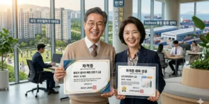 중장년 유망 자격증 손에 쥐고 밝게 웃는 60대 남성과 여성의 모습이다. 아파트 단지와 물류 센터 일자리 창출한다