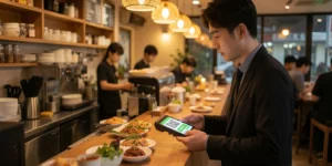 카카오페이 제로페이 연동 QR 화면을 들고 동네 식당 카운터에서 결제하는 30대 직장인이다