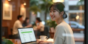 프리랜서 근로장려금 정기 신청 카페에서 맥북으로 홈택스 5분 안 처리하는 여성 작가님이 커피 마시며 여유로운 모습이다