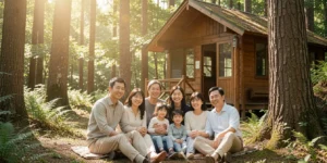 휴양림 예약 꿀팁 숲속 햇살 받으며 힐링하는 가족, 나무와 오두막에 가족의 편안한 휴식 중이다