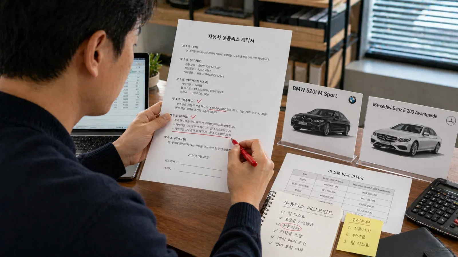 개인사업자 운용리스 독소조항 계약서 잔존가치와 위약금 조항을 붉은 펜으로 체크한다