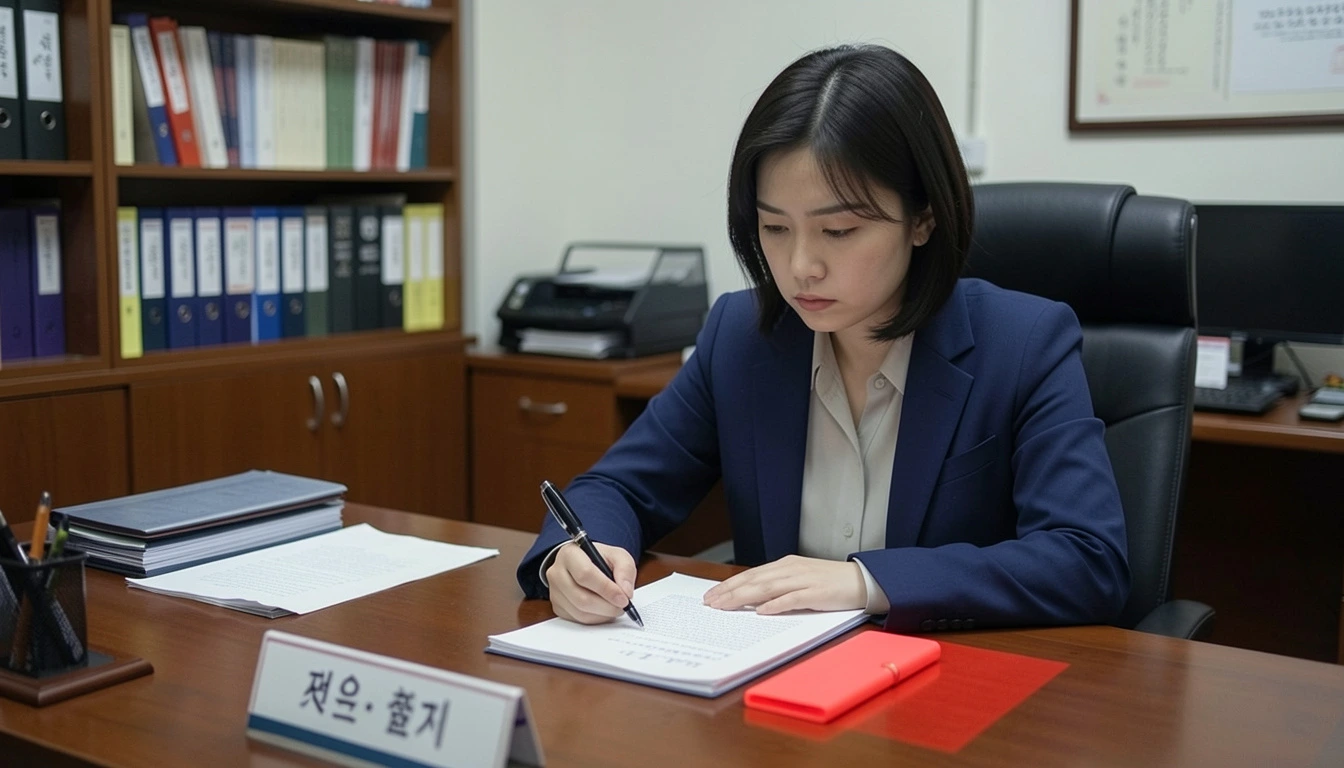 경찰 조사 진술서 변호사 수사실 내부, 여성 피의자 책상에 앉아 진지하게 진술서 검토한다