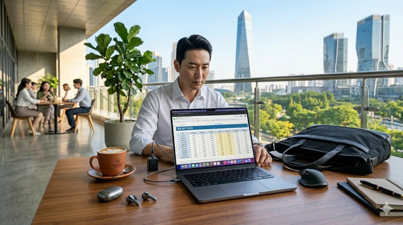 고신용자 대출 한도 화이트 셔츠를 입은 40대 남성이 세련된 카페에서 노트북으로 여러 은행의 금리 비교 표를 진지하게 분석한다