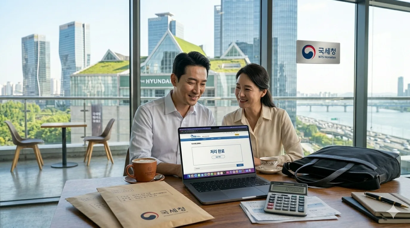 근로장려금 부모님 재산 서류 봉투와 맥북 프로 홈택스 화면 앞에서 안도하는 중년 부부이다