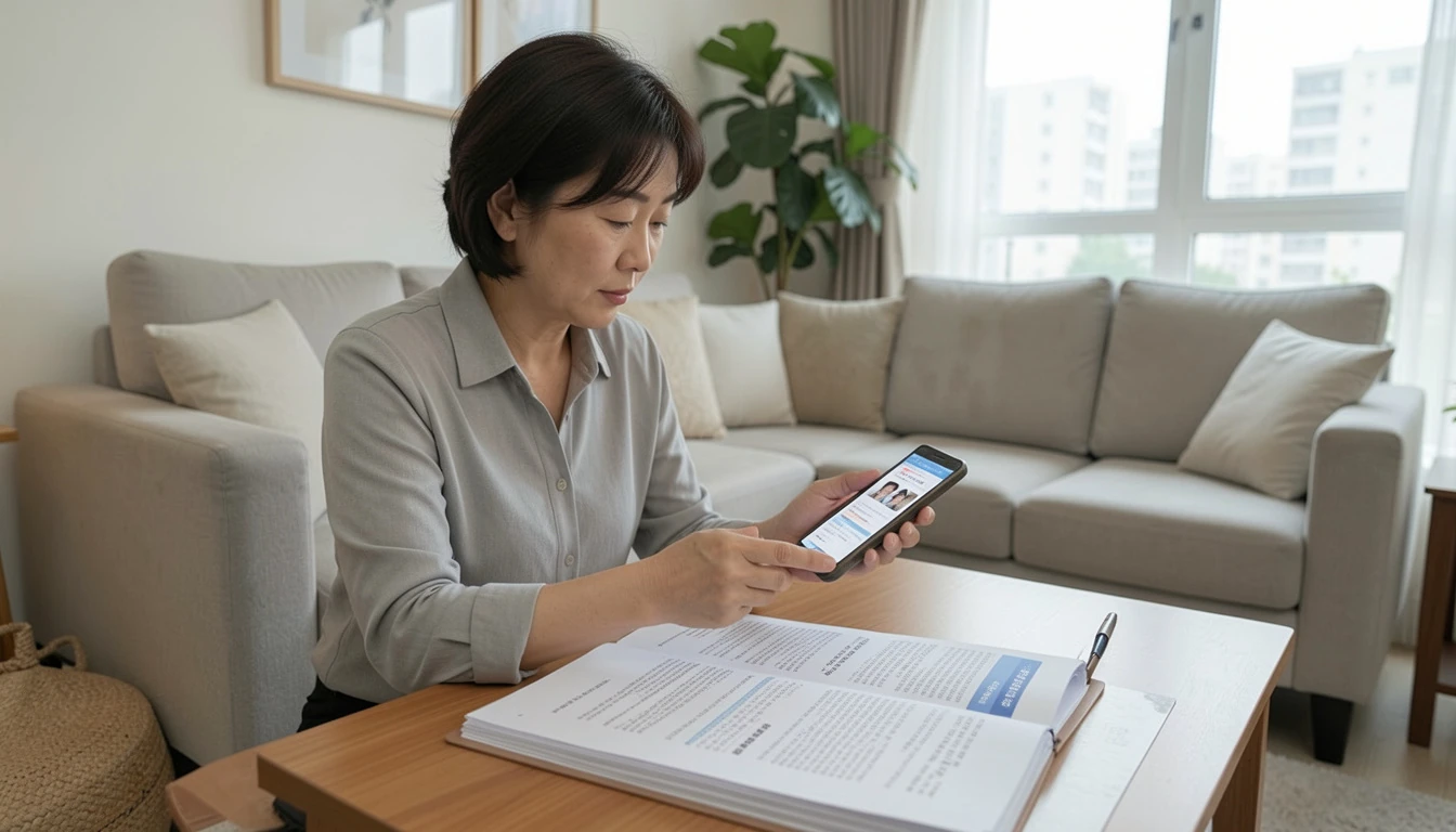 근로장려금 부양자녀 서류 파일을 펼쳐놓고 스마트폰으로 홈택스 부양자녀 등록 화면을 확인하는 40대 여성이다