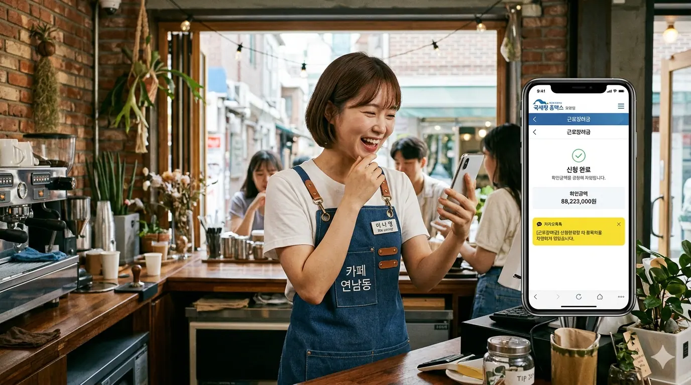 근로장려금 자격 대학생 카페 알바 중인 20대 대학생이 스마트폰으로 국세청 홈택스 근로장려금 화면을 확인한다