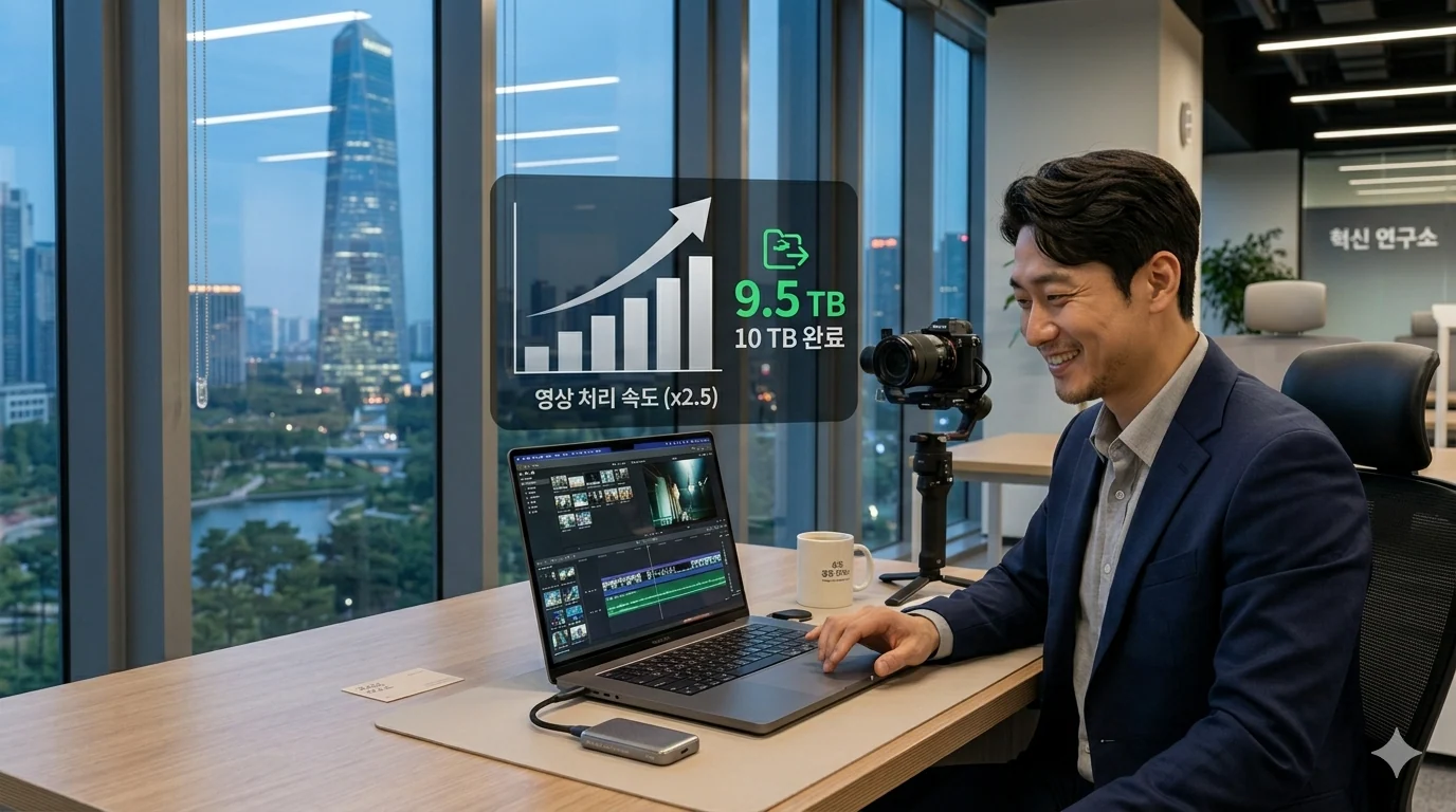 맥북 프로 M5 Pro 성능 오피스에서 맥북 프로 영상 편집을 하며 만족스러운 미소를 짓는 전문직 남성의 모습이다