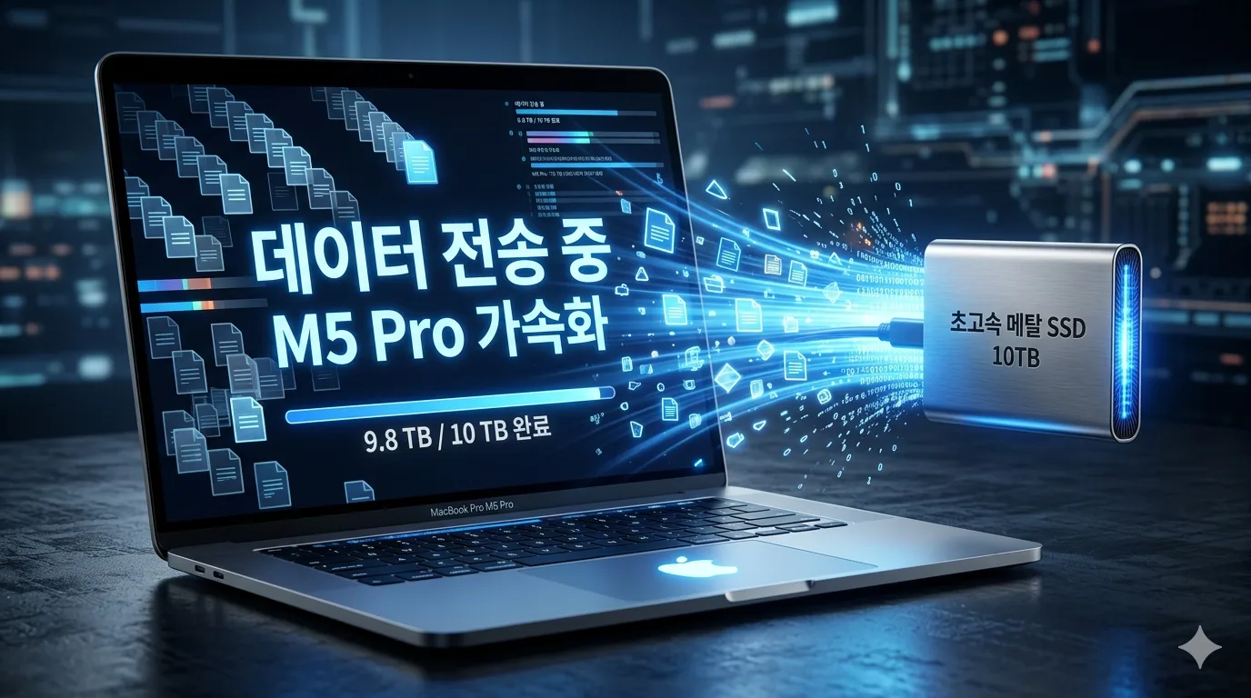 맥북 프로 M5 Pro 썬더볼트 옆에 작고 세련된 메탈 소재의 외장 SSD가 강력한 파란색 빛줄기로 연결되어 데이터가 쏟아져 들어오는 역동적인 3D 렌더링이다