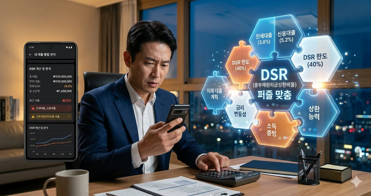 보험계약대출 DSR 포함 스마트폰의 대출 관리 앱 화면을 심각하게 바라보며 계산기를 두드리는 40대 남성 직장인이다