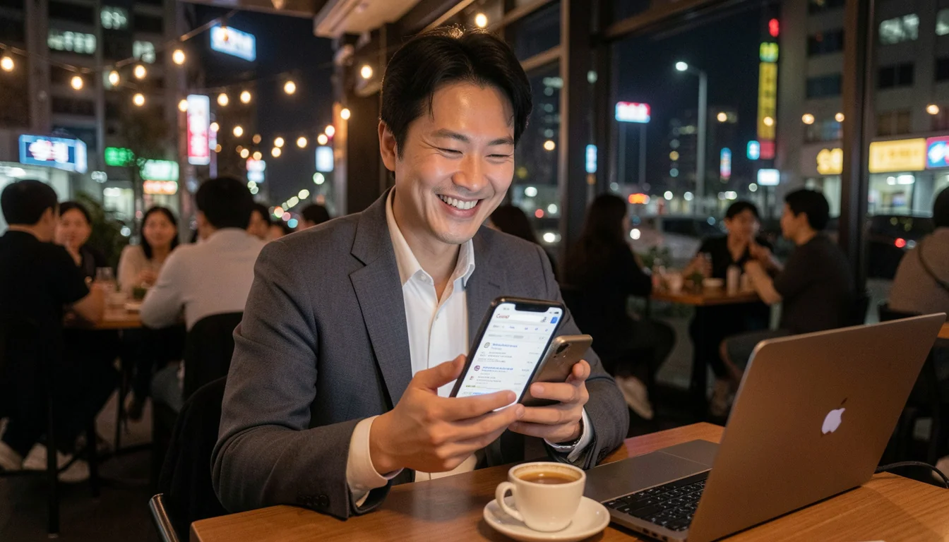 블로그 글 구글 1페이지 퇴근 후 신도시 카페 야경, 노트북과 커피잔이 놓인 테이블