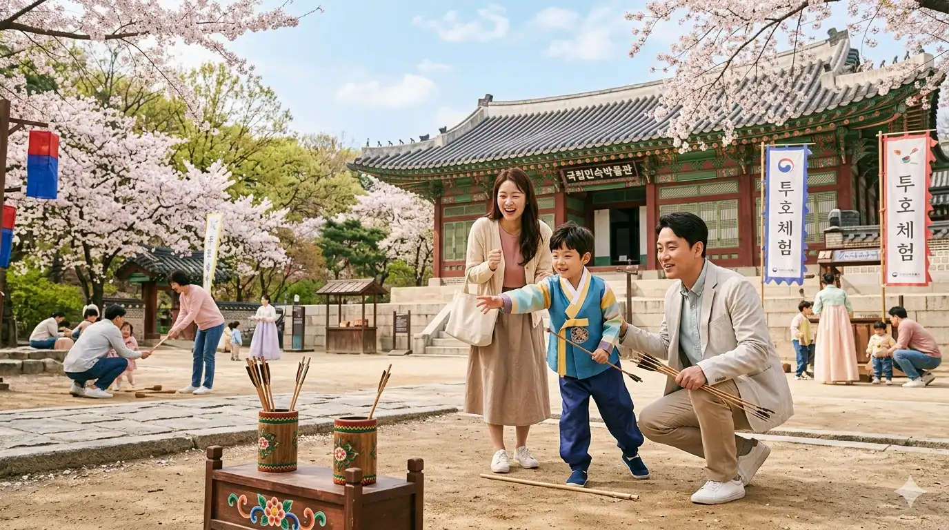 서울 박물관 체험 경복궁 내 국립민속박물관 야외 민속놀이마당에서 아이와 부모가 투호 체험한다