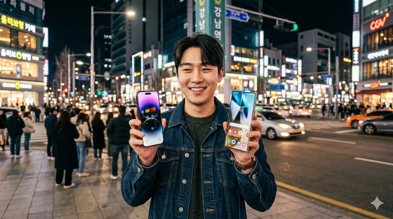 아이폰17 갤럭시 S26 성능 나란히 들고 비교하며 미소 짓는 강남역 젊은 남성이다