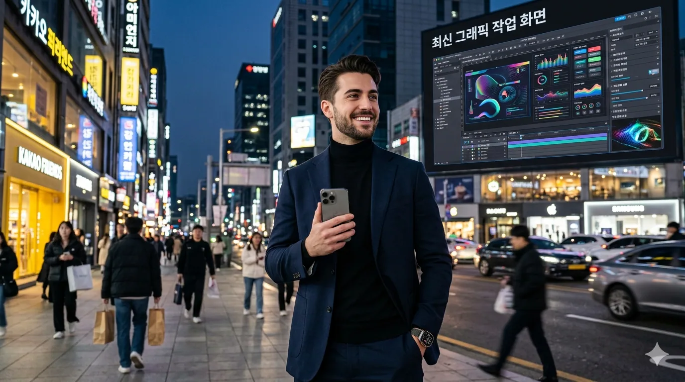 아이폰17 프로 성능 완성도 강남 거리에서 만족스러운 미소를 짓는 젊은 전문직 남성이다