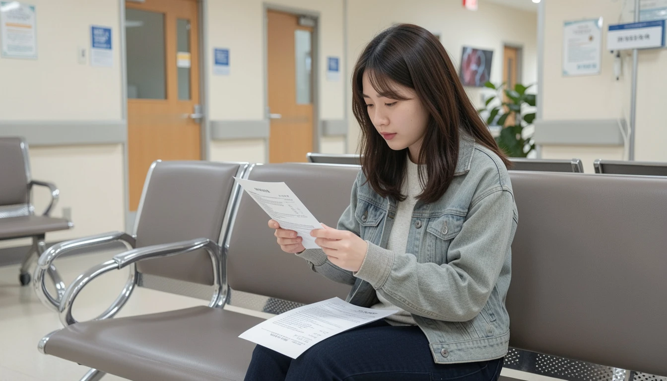 암보험 방사선치료비 20대 여성이 병원 로비 소파에 앉아 보험 증서를 들여다보며 약관확인하고 있다