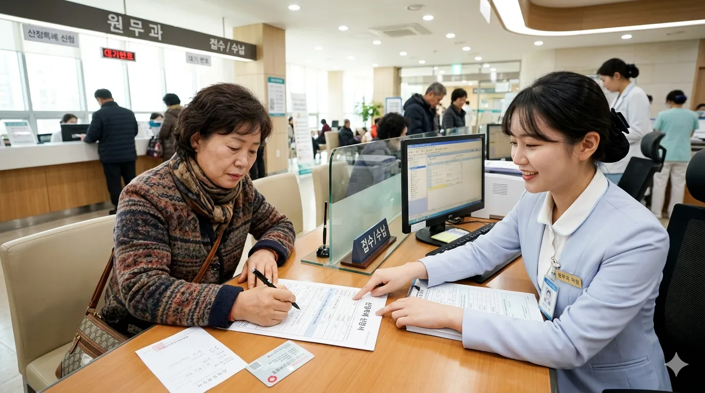 암 산정특례 신청 여성 환자와 안내해주는 원무과 직원이 서류를 작성한다