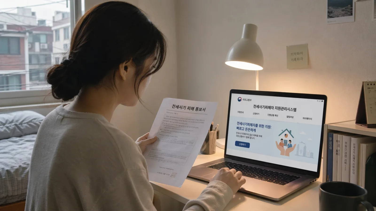 전세사기 피해자 지원 2026 전세사기 피해 통보서를 받고 노트북으로 국토교통부 전세사기피해자 지원관리시스템 홈페이지를 접속한다