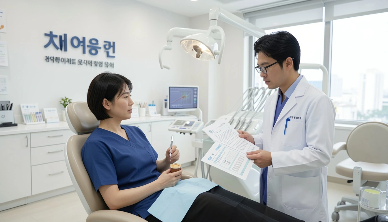 치아보험 임플란트 뼈이식 치과 상담 받는 환자와 의사, 보험 서류를 들고 설명하는 모습이다