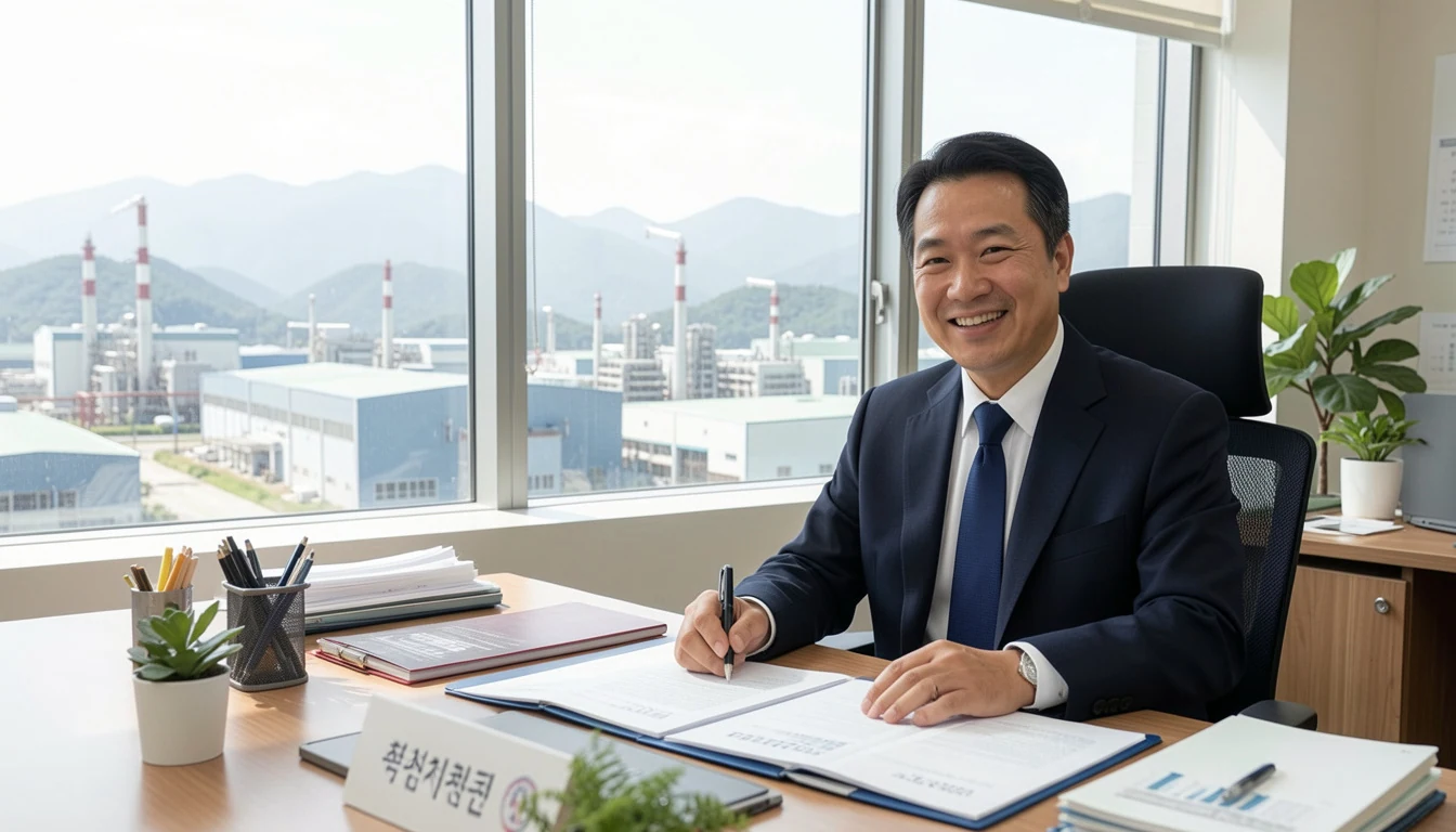 2026 비수도권 정책자금 산업단지 사무실에서 정책자금 서류 검토하며 미소 짓는 중년 기업 대표이다