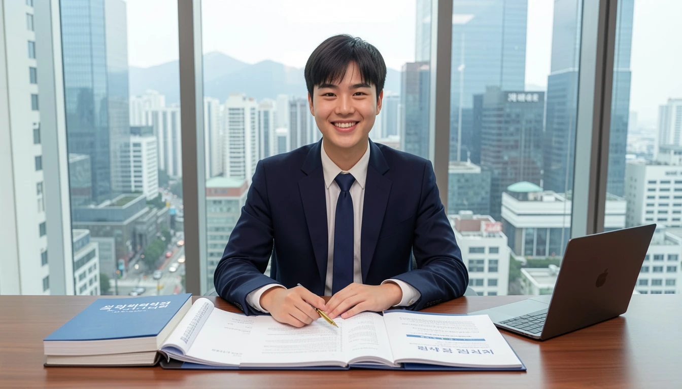 2026 중소기업 정부지원금 서류 검토하며 미소 짓는 젊은 대표, 책상 위에 정부지원금 안내서와 노트북