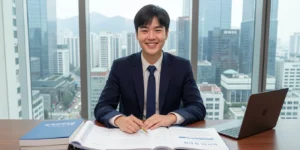 2026 중소기업 정부지원금 서류 검토하며 미소 짓는 젊은 대표, 책상 위에 정부지원금 안내서와 노트북