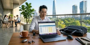 고신용자 대출 한도 화이트 셔츠를 입은 40대 남성이 세련된 카페에서 노트북으로 여러 은행의 금리 비교 표를 진지하게 분석한다