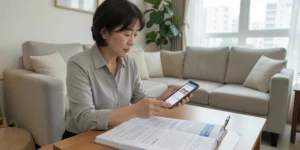 근로장려금 부양자녀 서류 파일을 펼쳐놓고 스마트폰으로 홈택스 부양자녀 등록 화면을 확인하는 40대 여성이다