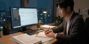 근로장려금 이의신청 30대 직장인, 책상 위에 장려금 통지서와 서류 파일이 놓여 있다