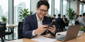 근로장려금 재산기준 30대 남성 직장인이 카페에서 노트북 옆에 임대차계약서를 두고 스마트폰으로 사진 찍는다