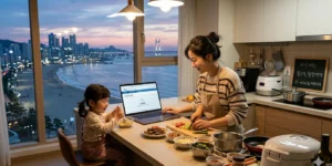 근로장려금 한부모 가구 혼자 아이와 저녁 식사를 준비하면서 노트북으로 홈택스 근로장려금 신청 화면을 확인하는 30대 여성이다