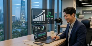 맥북 프로 M5 Pro 성능 오피스에서 맥북 프로 영상 편집을 하며 만족스러운 미소를 짓는 전문직 남성의 모습이다