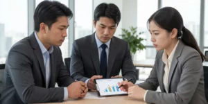 미래에셋 삼성 변액보험 비교 남녀 직장인이 태블릿 PC를 보며 보험사별 수익률 그래프를 비교한다