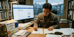 보험 분쟁조정 신청서 중년 남성, 책상 위에 약관과 서류가 쌓여 있고 모니터에 FSS 사이트 방문하다