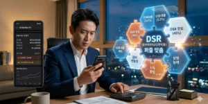 보험계약대출 DSR 포함 스마트폰의 대출 관리 앱 화면을 심각하게 바라보며 계산기를 두드리는 40대 남성 직장인이다
