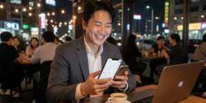 블로그 글 구글 1페이지 퇴근 후 신도시 카페 야경, 노트북과 커피잔이 놓인 테이블