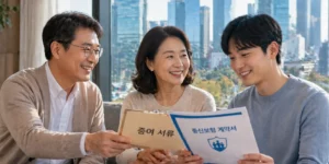 상속세 종신보험 자녀 부모가 자녀에게 증여 서류 전달하며 종신보험 계약서를 함께 보는 따뜻한 가족