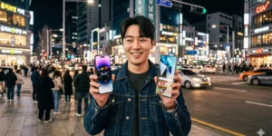 아이폰17 갤럭시 S26 성능 나란히 들고 비교하며 미소 짓는 강남역 젊은 남성이다