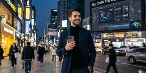 아이폰17 프로 성능 완성도 강남 거리에서 만족스러운 미소를 짓는 젊은 전문직 남성이다