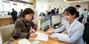 암 산정특례 신청 여성 환자와 안내해주는 원무과 직원이 서류를 작성한다