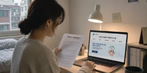 전세사기 피해자 지원 2026 전세사기 피해 통보서를 받고 노트북으로 국토교통부 전세사기피해자 지원관리시스템 홈페이지를 접속한다